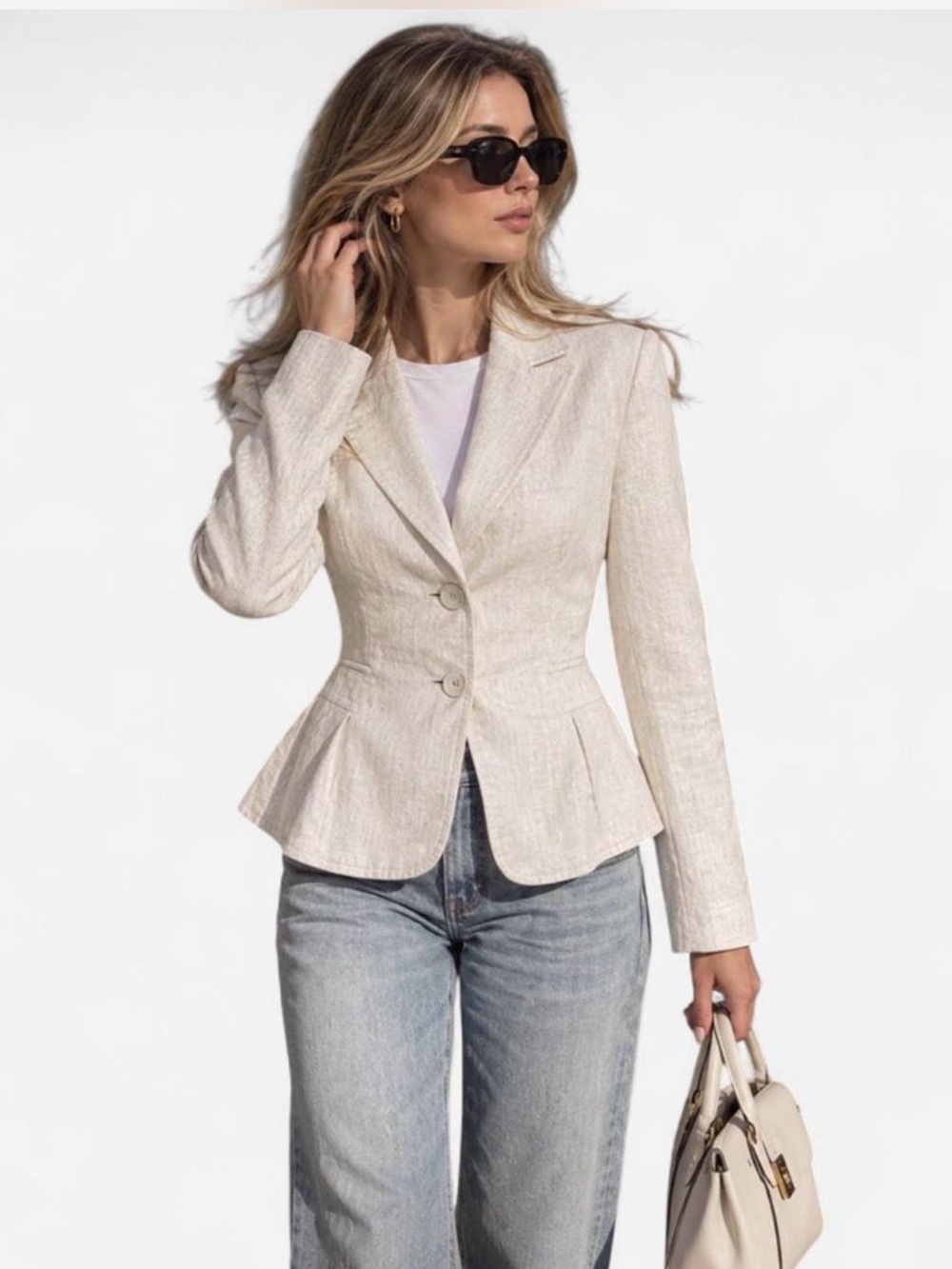 Mango Peplum Short Blazer Professional 100% Linen Khaki Business Casual Fall Med